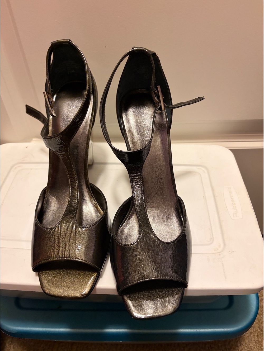 Nine West Metallic T-Strap Heeled Sandals with Chrome Block Heel